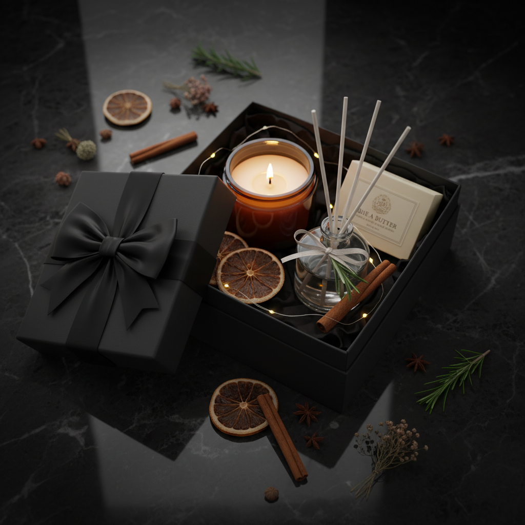 Luxury aromatherapy gift box open on dark marble with candle, diffuser and botanicals