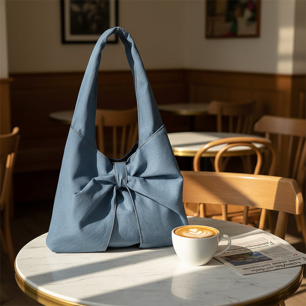 Bow Detail Denim Shoulder Bag