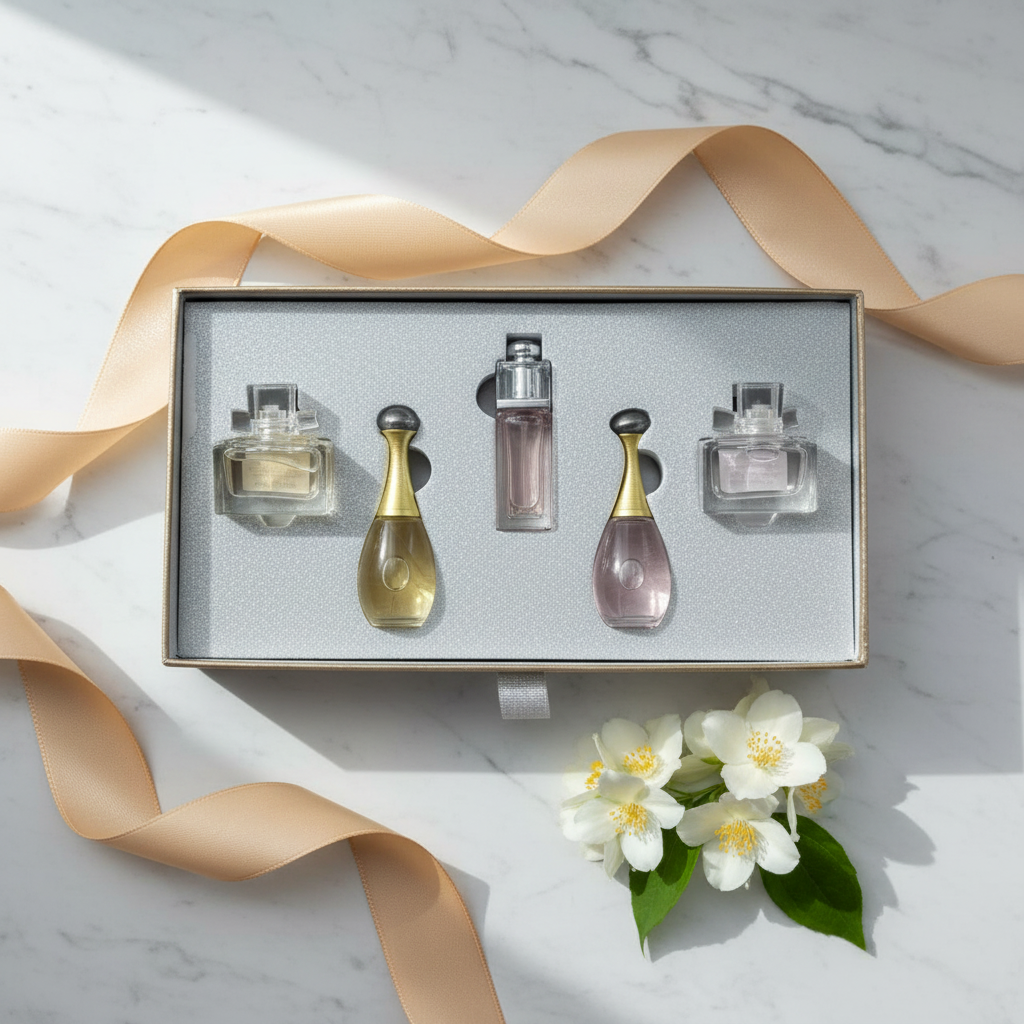 Mini perfume gift set flat lay on marble with white flowers