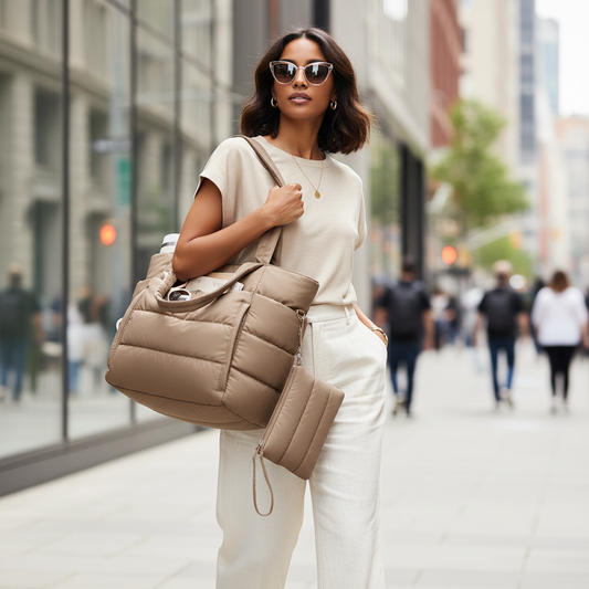 Woman confidently carrying quilted puffer tote bag in camel in a bright city setting