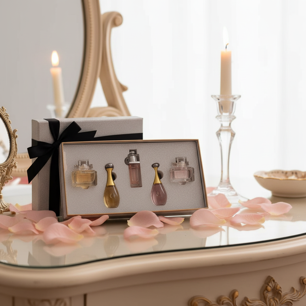 Mini perfume gift set on vanity with candlelight and rose petals